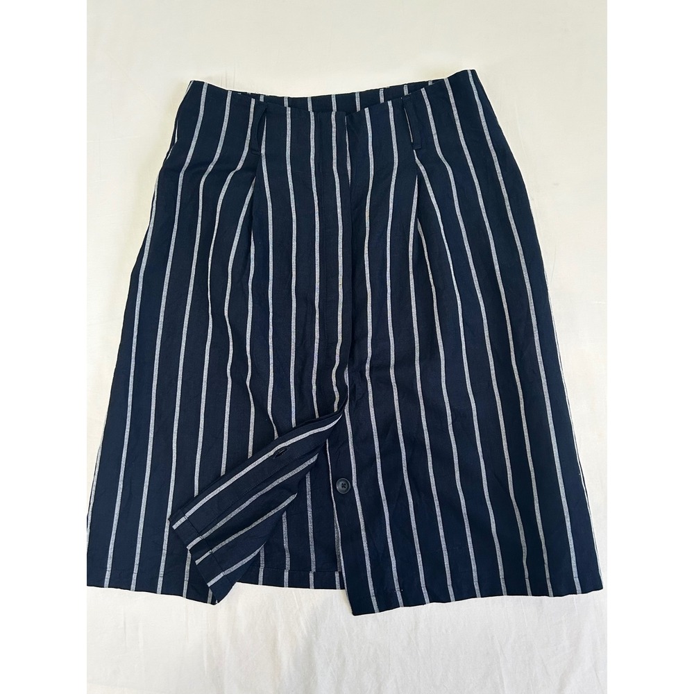 Ann Taylor Factory Navy White Striped Button Front Midi Skirt with Belt Size 4
